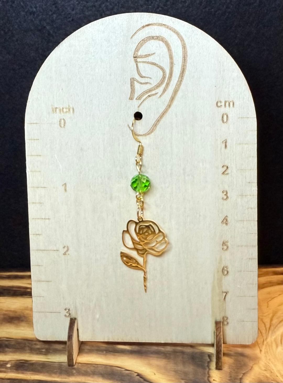 NEW Gold Stainless Steel Flower Earrings w/ Faceted Green Glass Bead