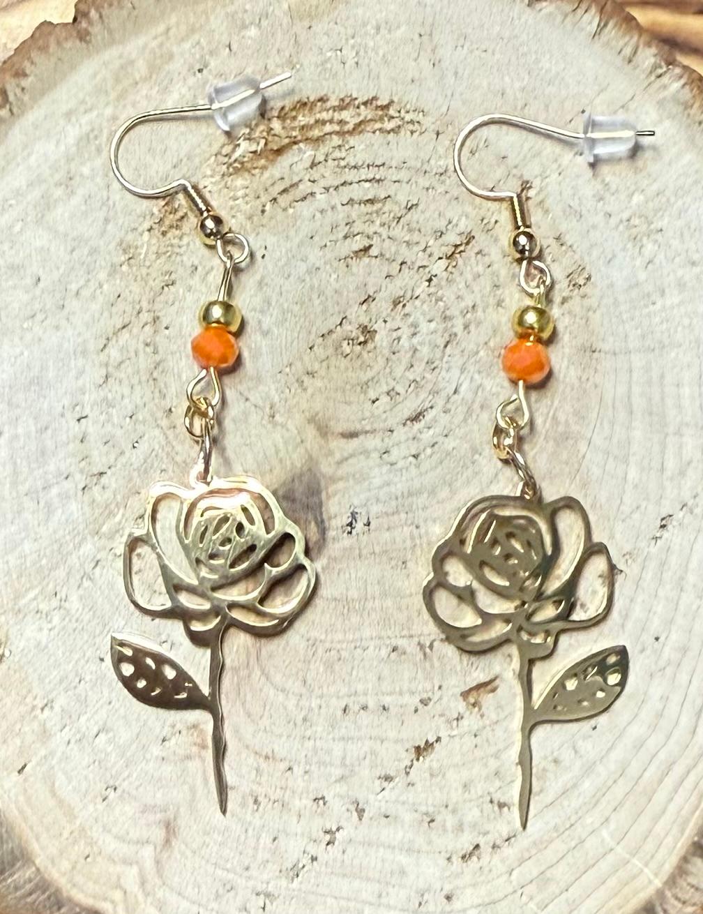 NEW Stainless Steel Hollow Gold Flower Outline Earrings w/ Orange Beads