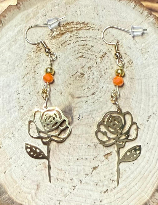 NEW Stainless Steel Hollow Gold Flower Outline Earrings w/ Orange Beads