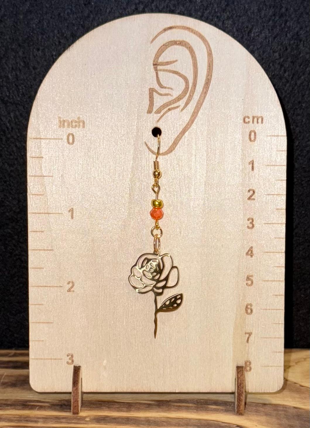 NEW Stainless Steel Hollow Gold Flower Outline Earrings w/ Orange Beads