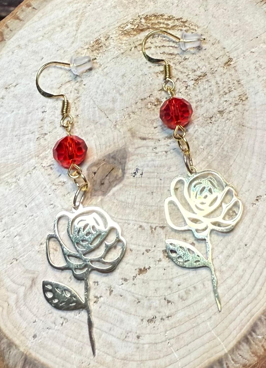 NEW Stainless Steel Hollow Gold Flower Outline Earrings w/ Vivid Red Beads
