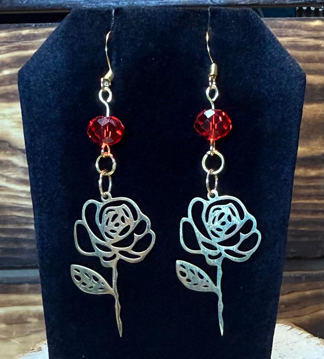 NEW Stainless Steel Hollow Gold Flower Outline Earrings w/ Vivid Red Beads