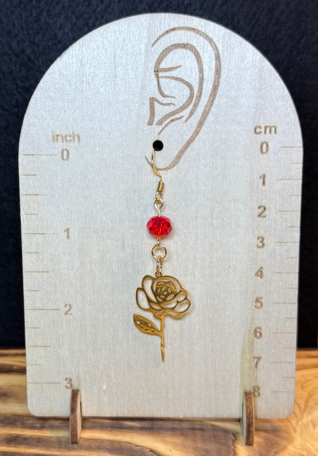 NEW Stainless Steel Hollow Gold Flower Outline Earrings w/ Vivid Red Beads