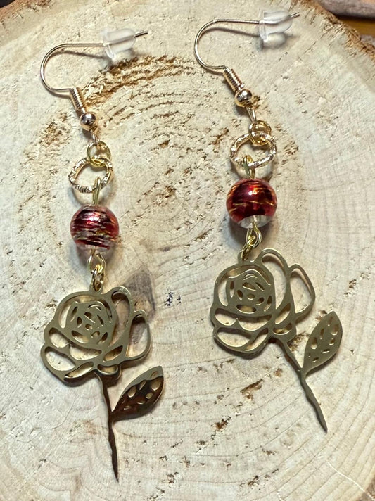 NEW Stainless Steel Hollow Gold Flower Outline Earrings w/ Beads