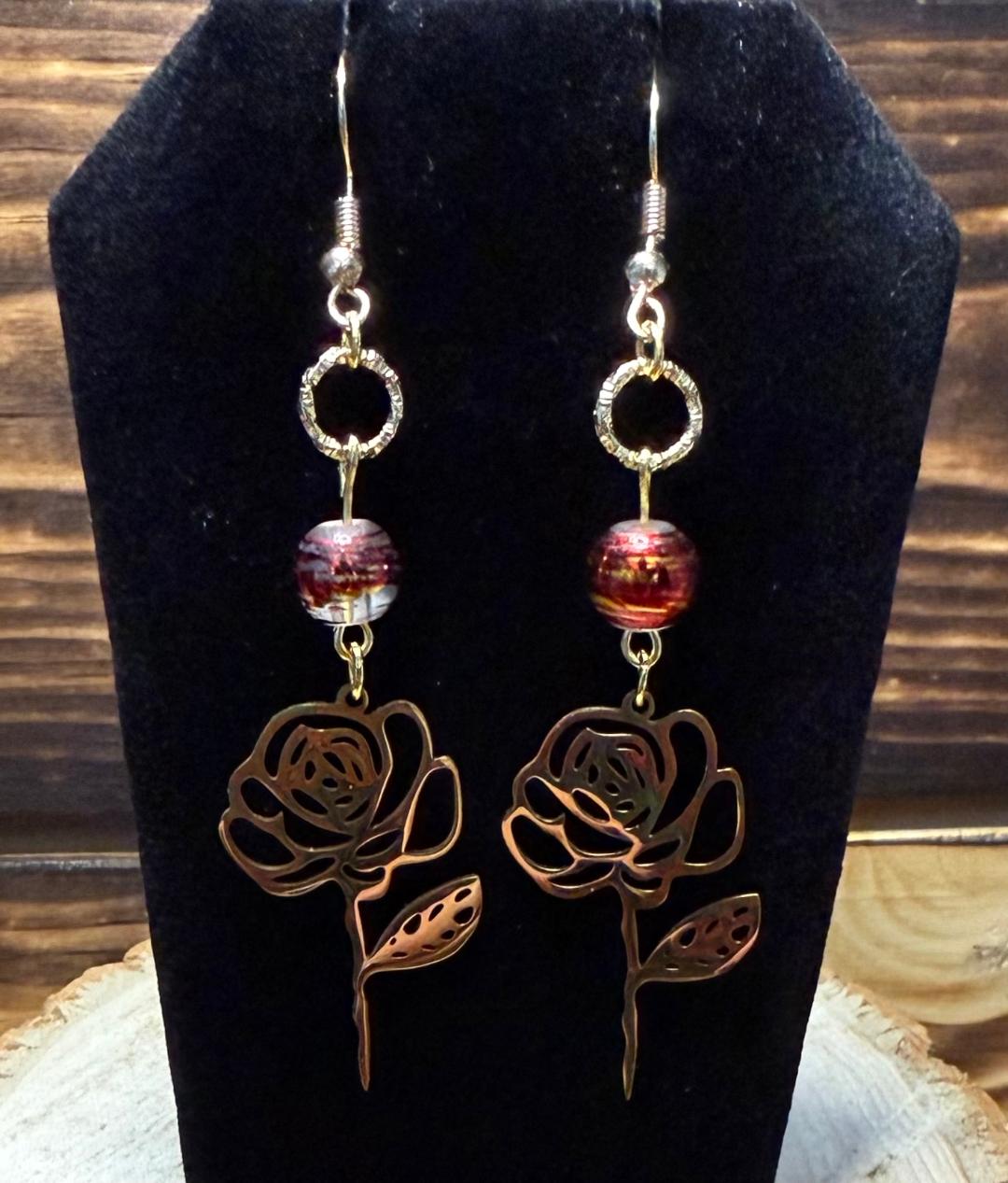 NEW Stainless Steel Hollow Gold Flower Outline Earrings w/ Beads