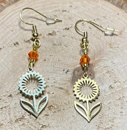 NEW Golden Hollow Flower w/ Orange Faceted Bead Earrings