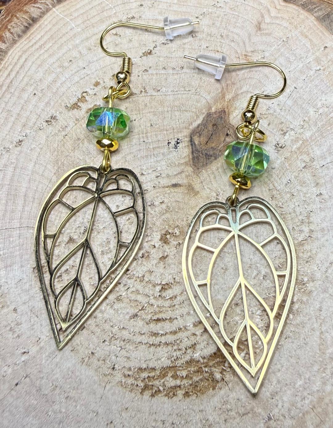 NEW Gold Hollow Leaf Stainless Steel Earrings w/ Green Glass Beads