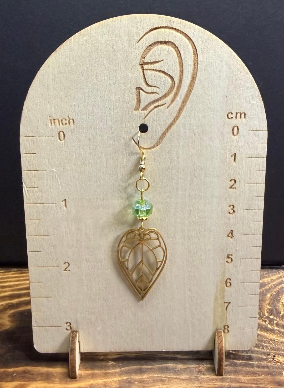 NEW Gold Hollow Leaf Stainless Steel Earrings w/ Green Glass Beads