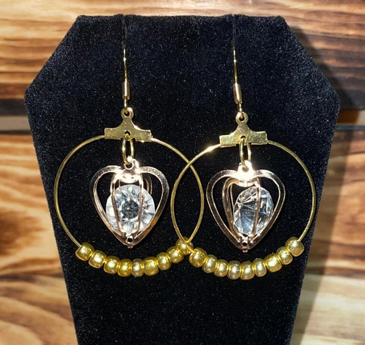 NEW Romantic Gold Tone Beaded Hoop Earrings w/ Heart & Rhinestone