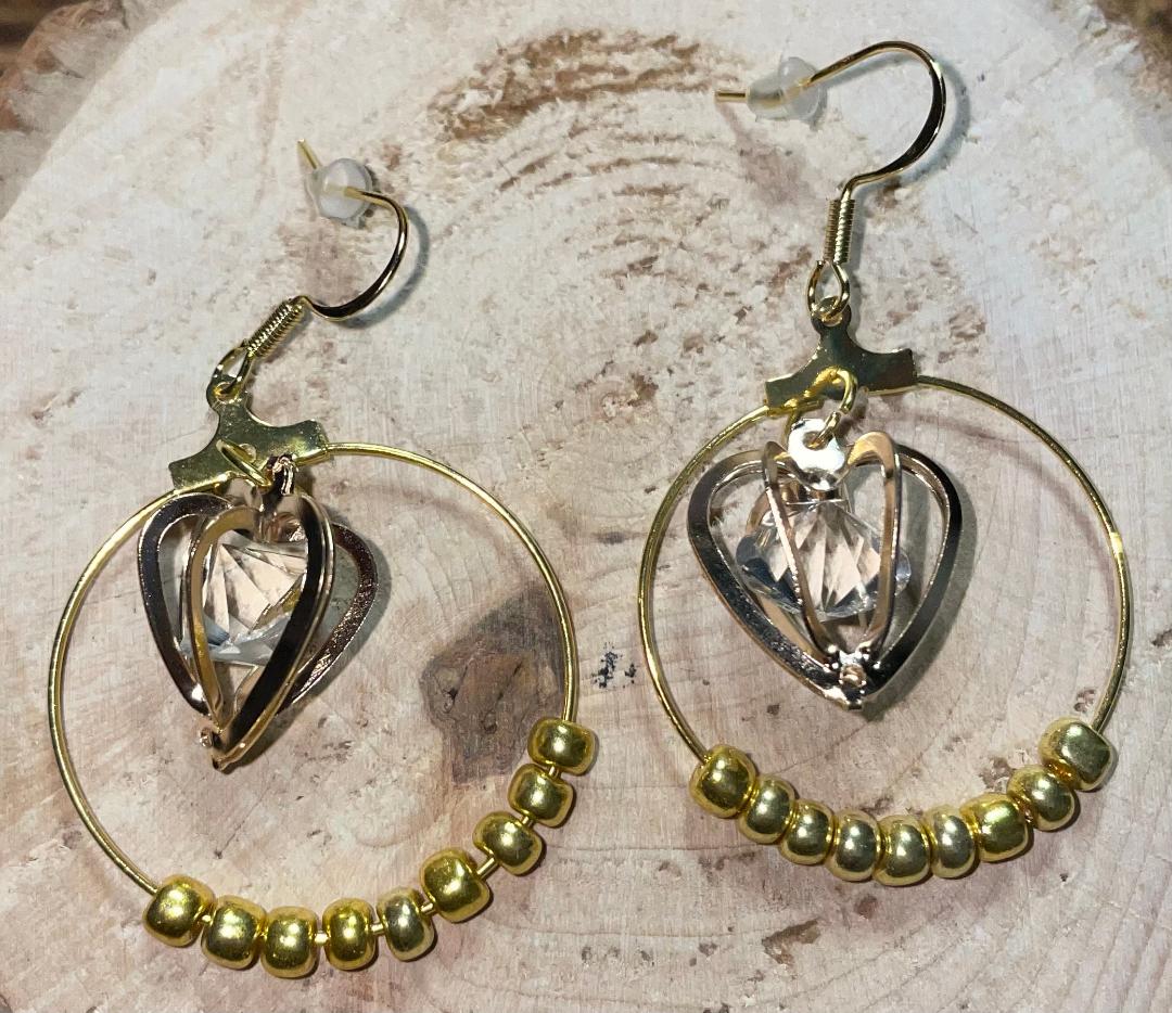 NEW Romantic Gold Tone Beaded Hoop Earrings w/ Heart & Rhinestone