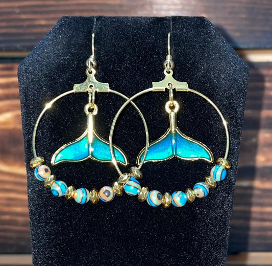 NEW  Blue Enamel Mermaid Tail Gold Tone Hoop Earrings w/ Ocean Style Beads