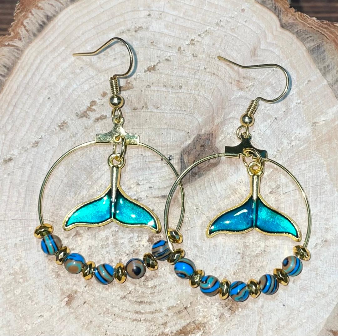 NEW  Blue Enamel Mermaid Tail Gold Tone Hoop Earrings w/ Ocean Style Beads