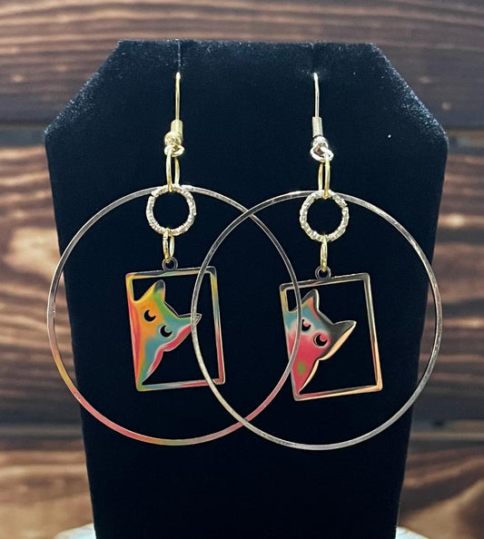 NEW Stainless Steel Gold Tone Peeking Cat Hoop Drop Earrings