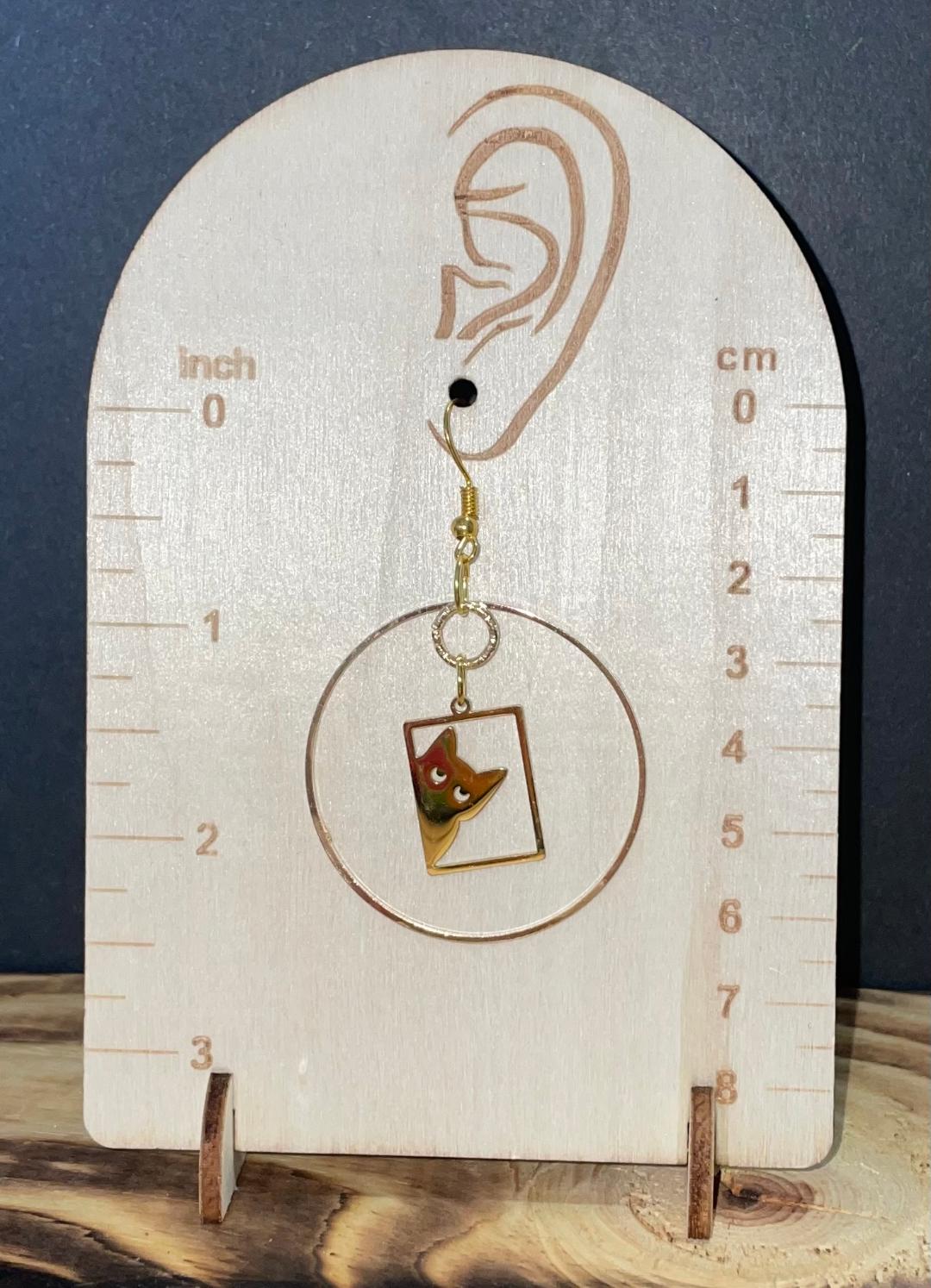 NEW Stainless Steel Gold Tone Peeking Cat Hoop Drop Earrings