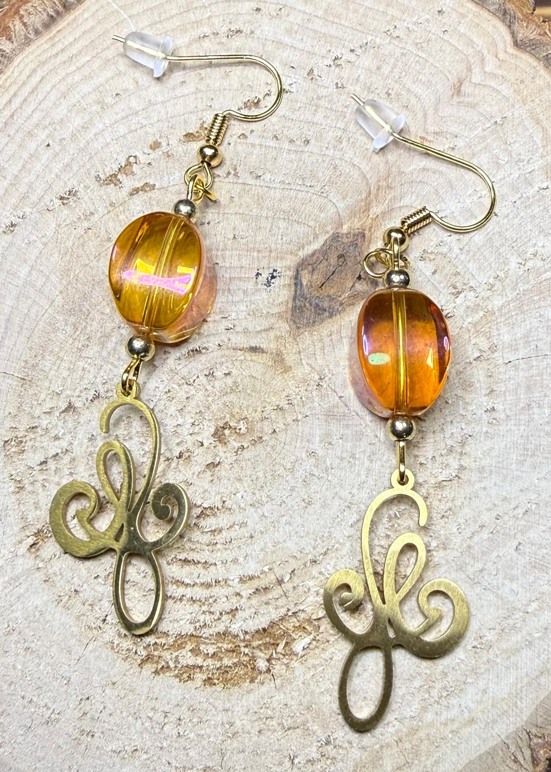 NEW Gold Stainess Steel Knot Earrings w/ Squared Amber Glass Beads