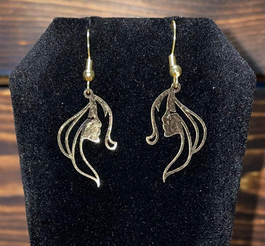 NEW Lovely Lady Face Gold Tone Stainless Steel Dangle Drop Earrings