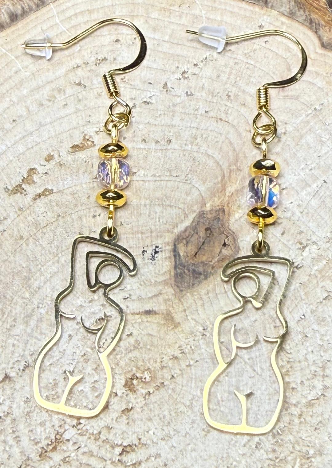 NEW Gold Stainless Steel Female Body Outline Earrings w/ Square Cut Glass AB Beads