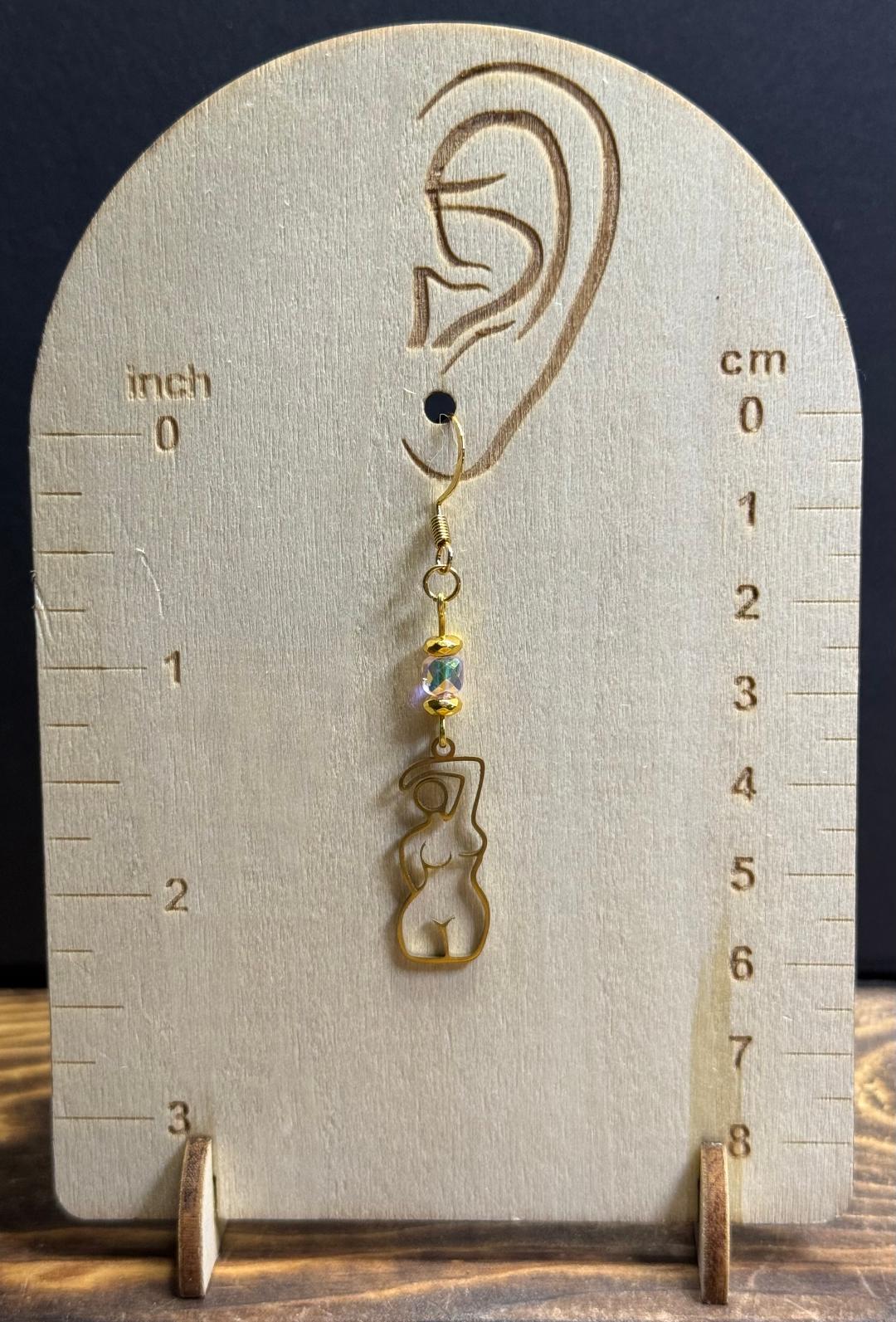 NEW Gold Stainless Steel Female Body Outline Earrings w/ Square Cut Glass AB Beads