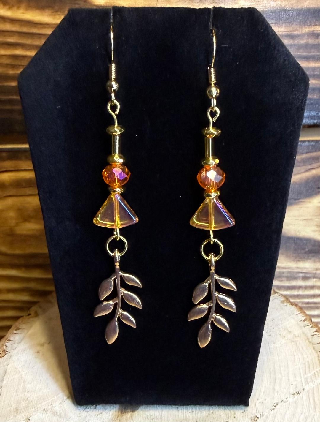 NEW Gold Leaf w/ Orange & Amber Bead Earrings