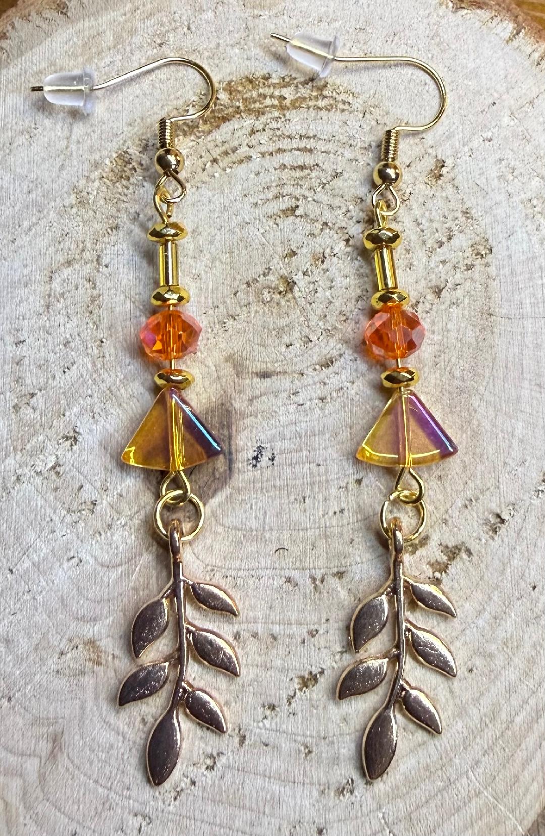 NEW Gold Leaf w/ Orange & Amber Bead Earrings