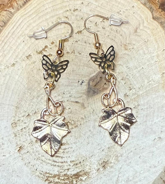 NEW Gold Tone Leaf & Vine w/ Butterfly Charm Earrings