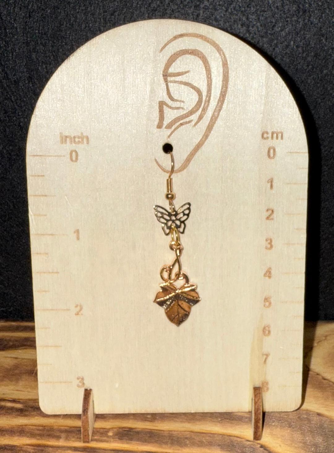 NEW Gold Tone Leaf & Vine w/ Butterfly Charm Earrings