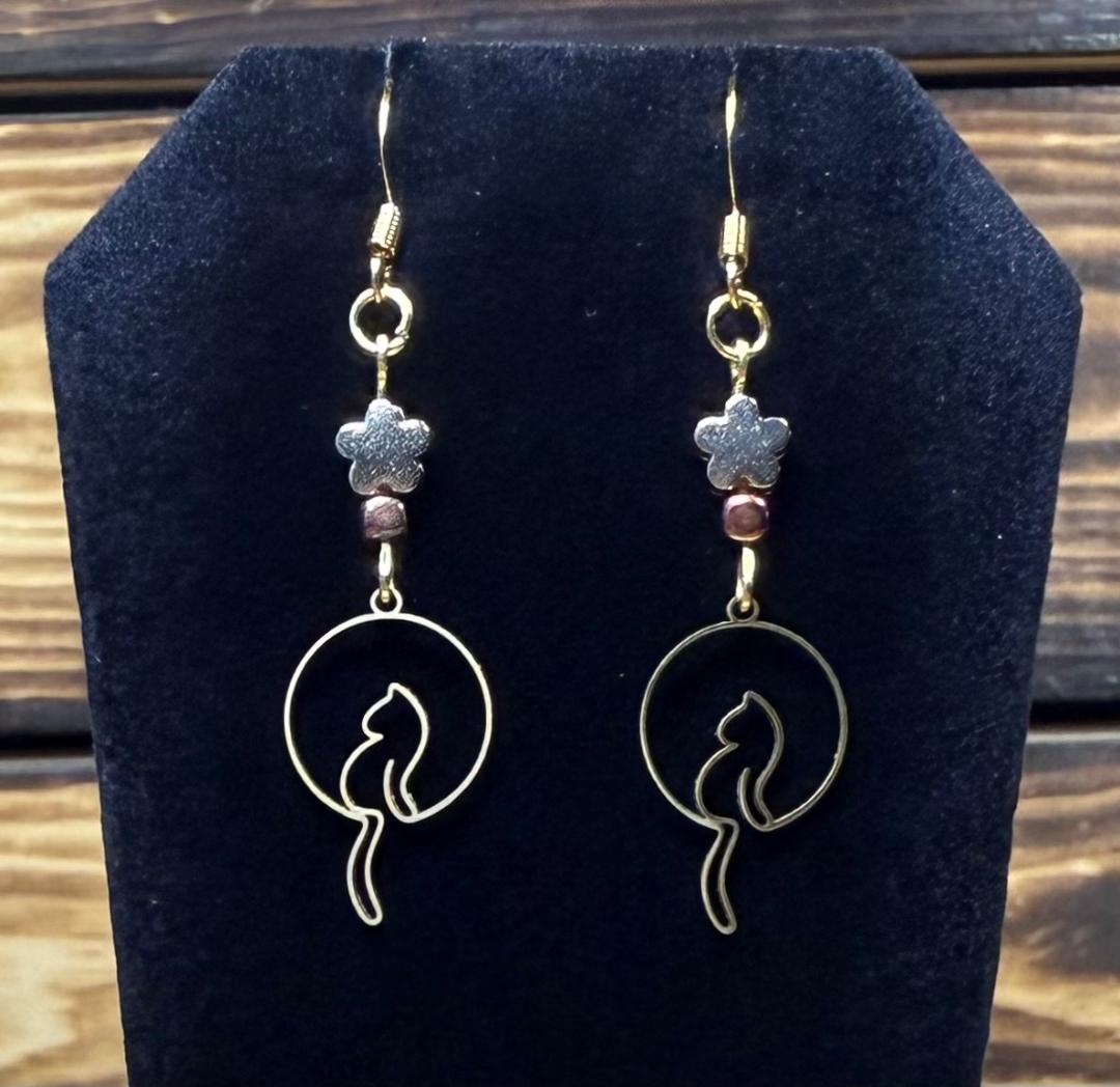 NEW Gold Dangling Tail Cat Earrings w/ Beads