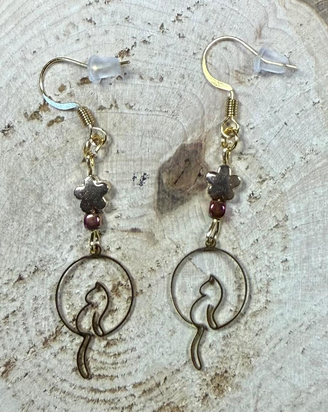 NEW Gold Dangling Tail Cat Earrings w/ Beads