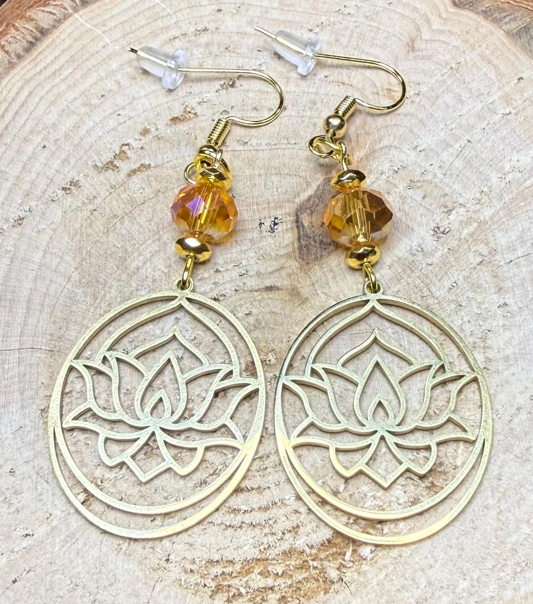 NEW Gold Stainless Steel Lotus Charm Earrings w/ Glass Amber Beads