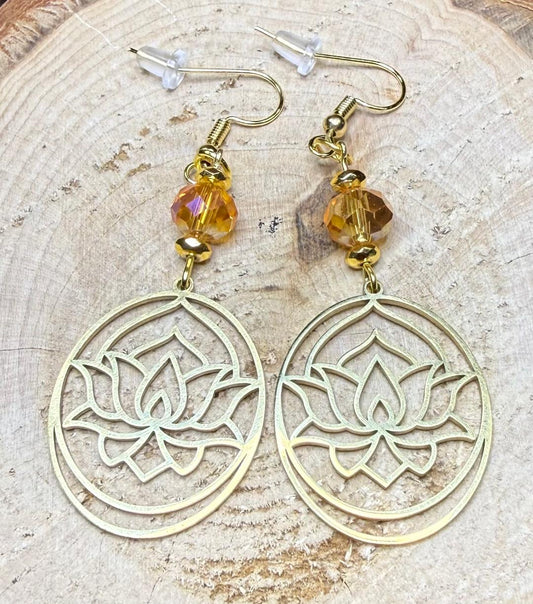 NEW Gold Stainless Steel Lotus Charm Earrings w/ Glass Amber Beads