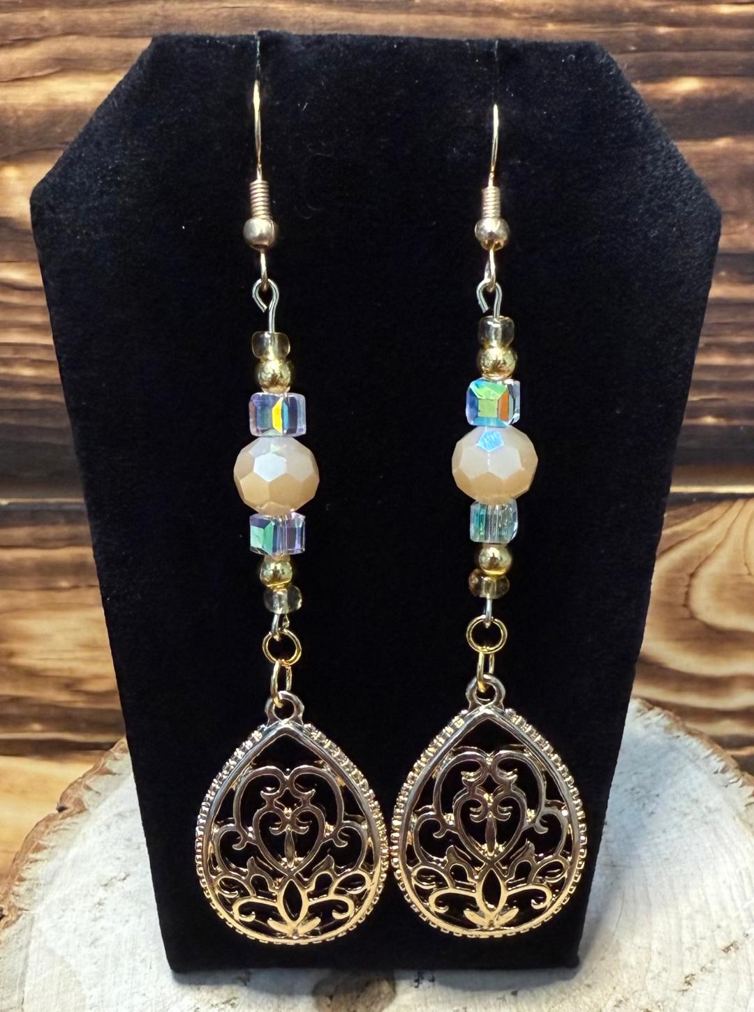 NEW Gold Tone Teardrop Lotus & Beige Glass Bead Earrings