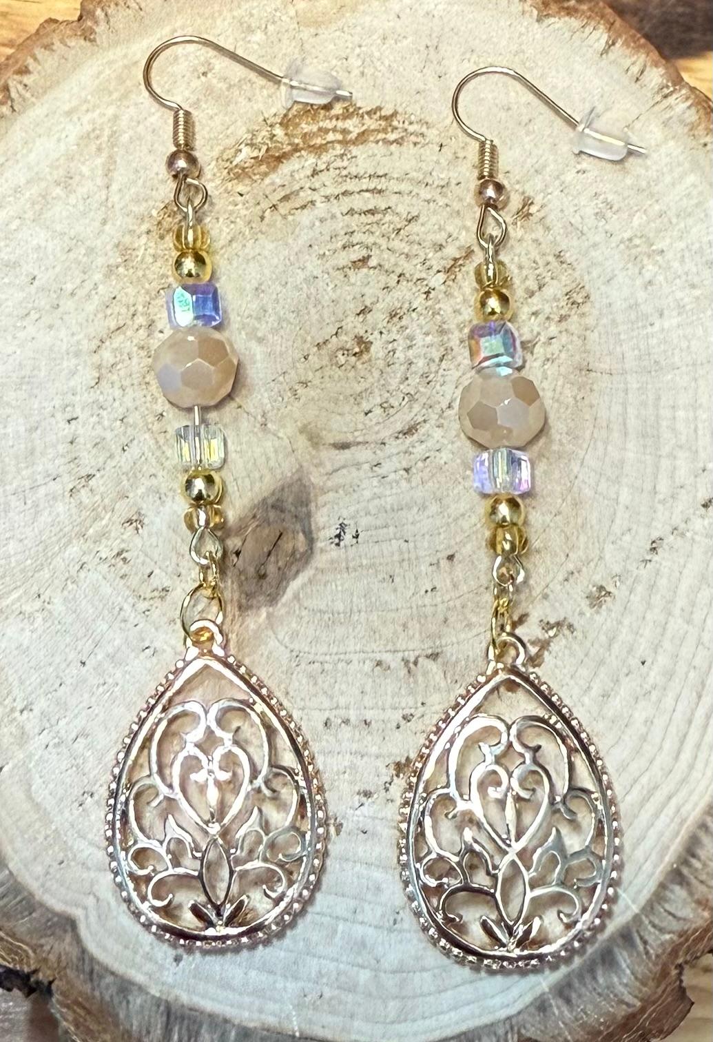 NEW Gold Tone Teardrop Lotus & Beige Glass Bead Earrings