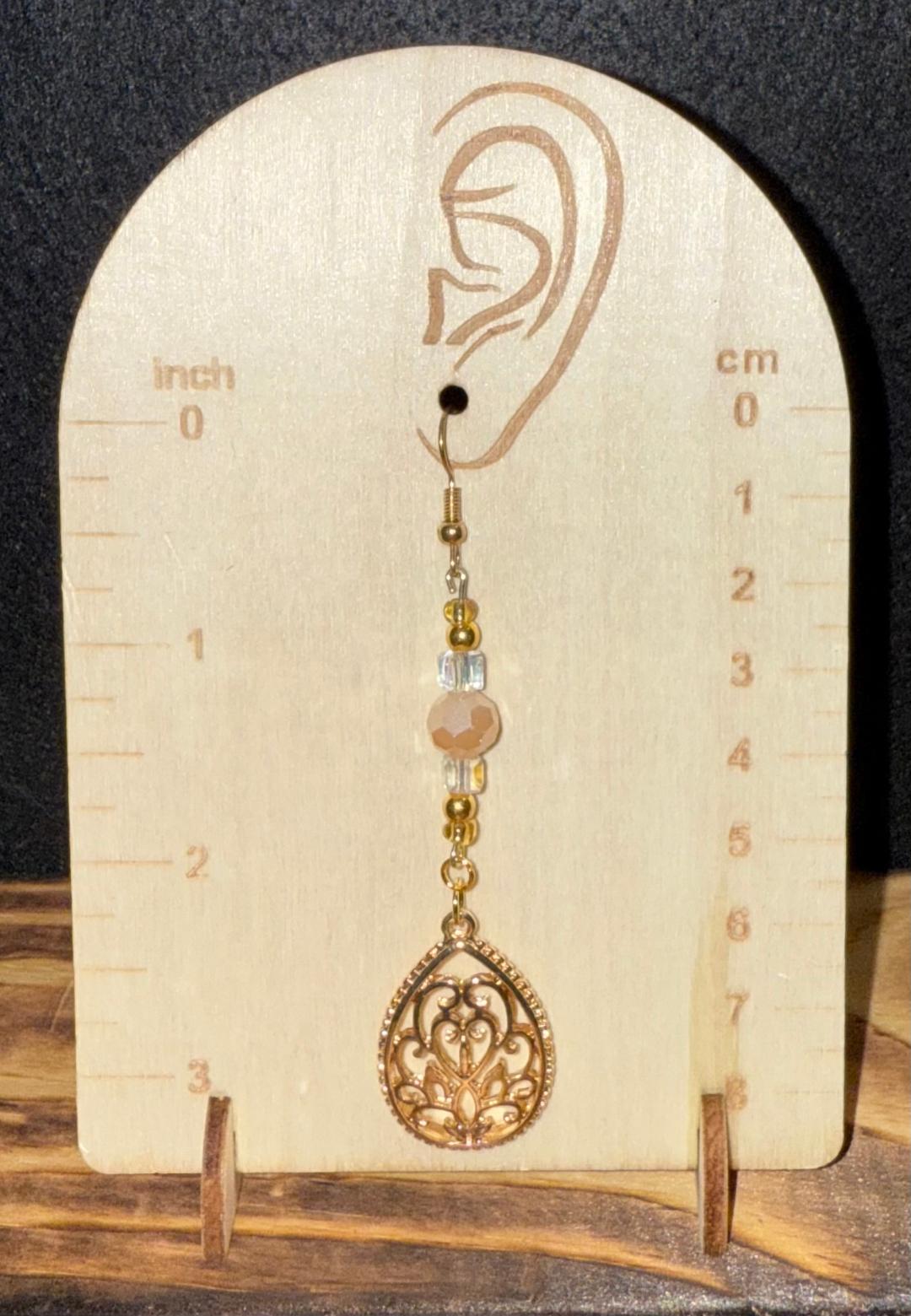 NEW Gold Tone Teardrop Lotus & Beige Glass Bead Earrings