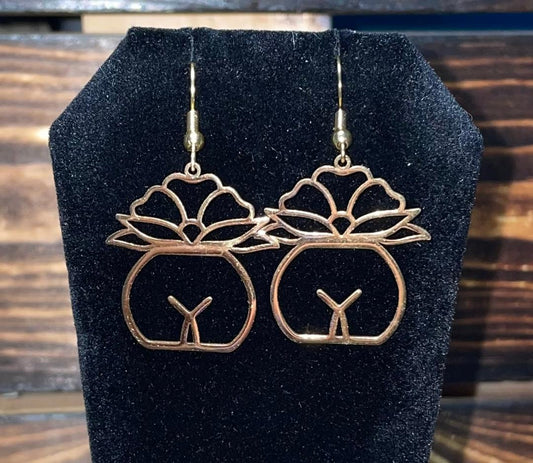 NEW Gold Tone Lotus Flower Potted Plant & Body Charm Dangle Drop Earrings