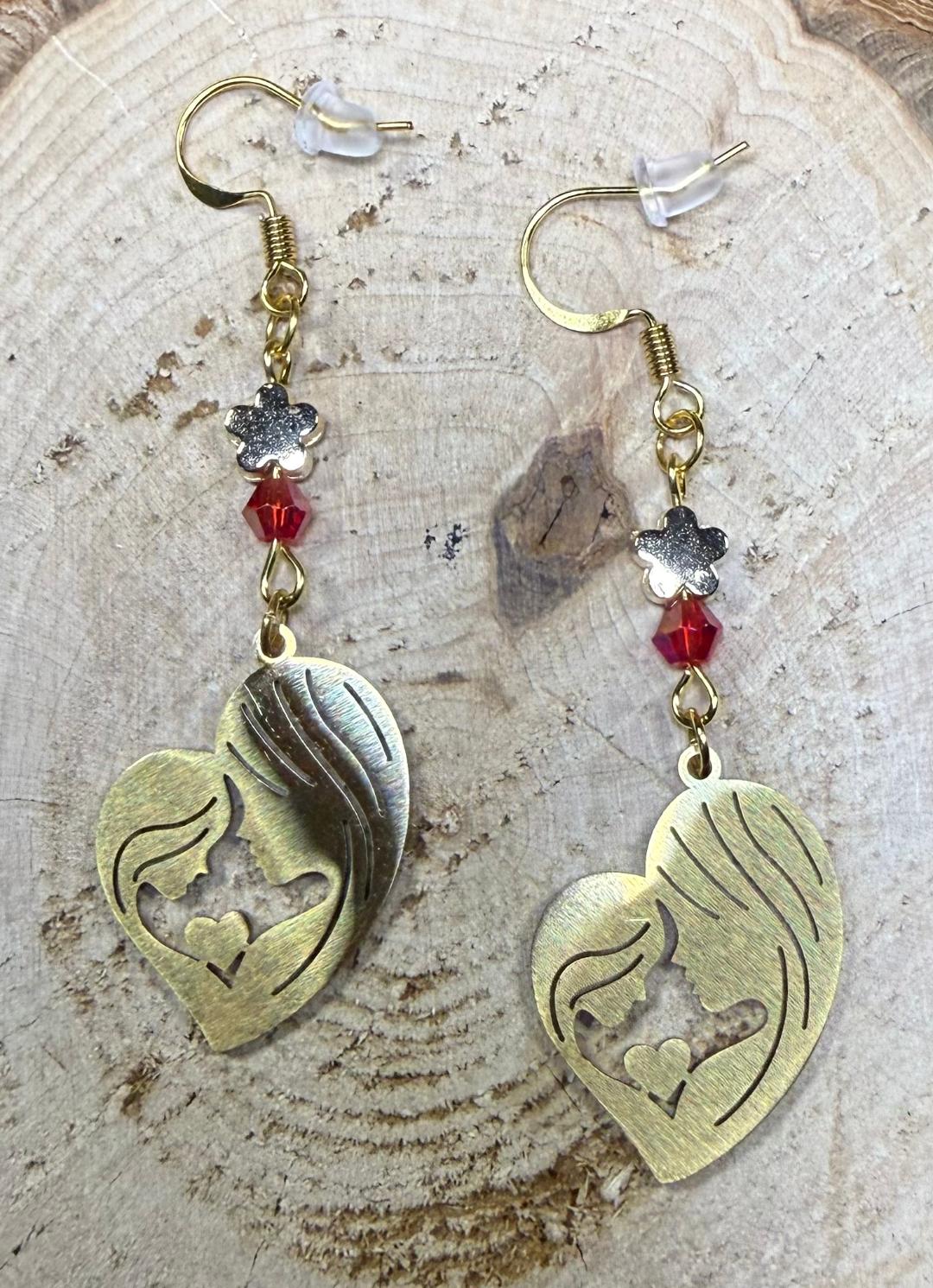 NEW Mother & Daughter Gold Stainless Steel Earrings w/ Red Glass Beads