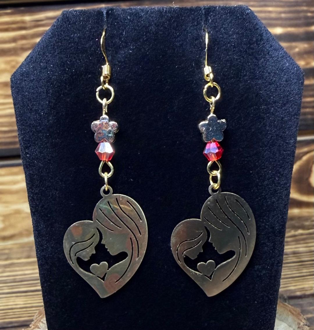 NEW Mother & Daughter Gold Stainless Steel Earrings w/ Red Glass Beads
