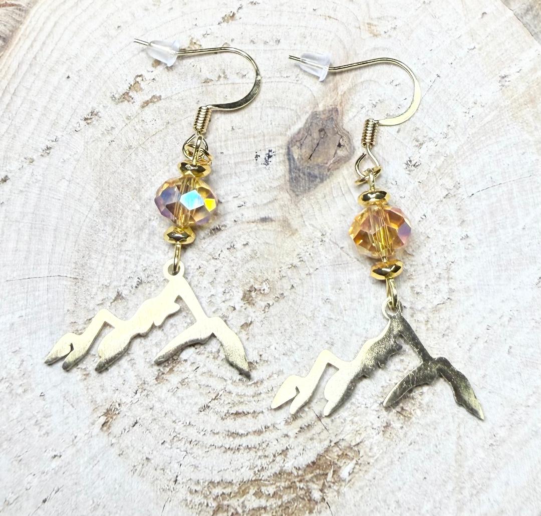 NEW Stainless Steel Mountain Silouette Earrings w/ Amber Glass Beads