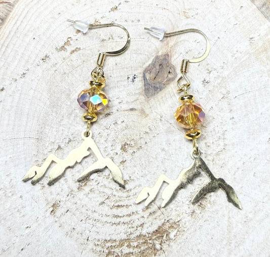 NEW Stainless Steel Mountain Silouette Earrings w/ Amber Glass Beads