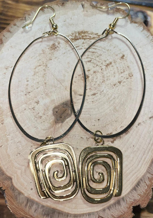 NEW Oval Hoop Art Deco Earrings w/ Swirl Charms