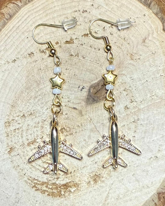 NEW Gold Airplane Rhinestone Charm Earrings w/ Star Beads