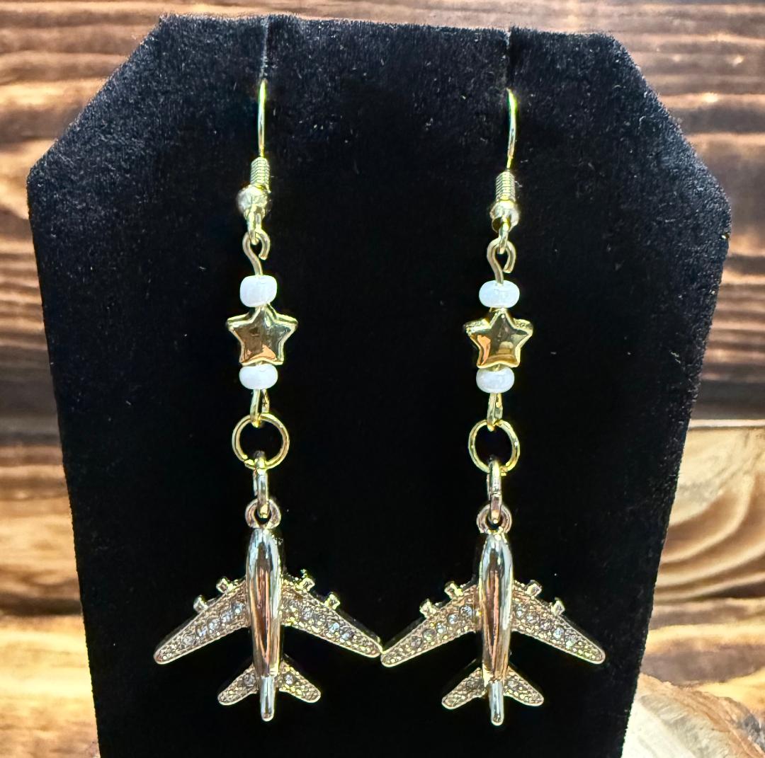 NEW Gold Airplane Rhinestone Charm Earrings w/ Star Beads