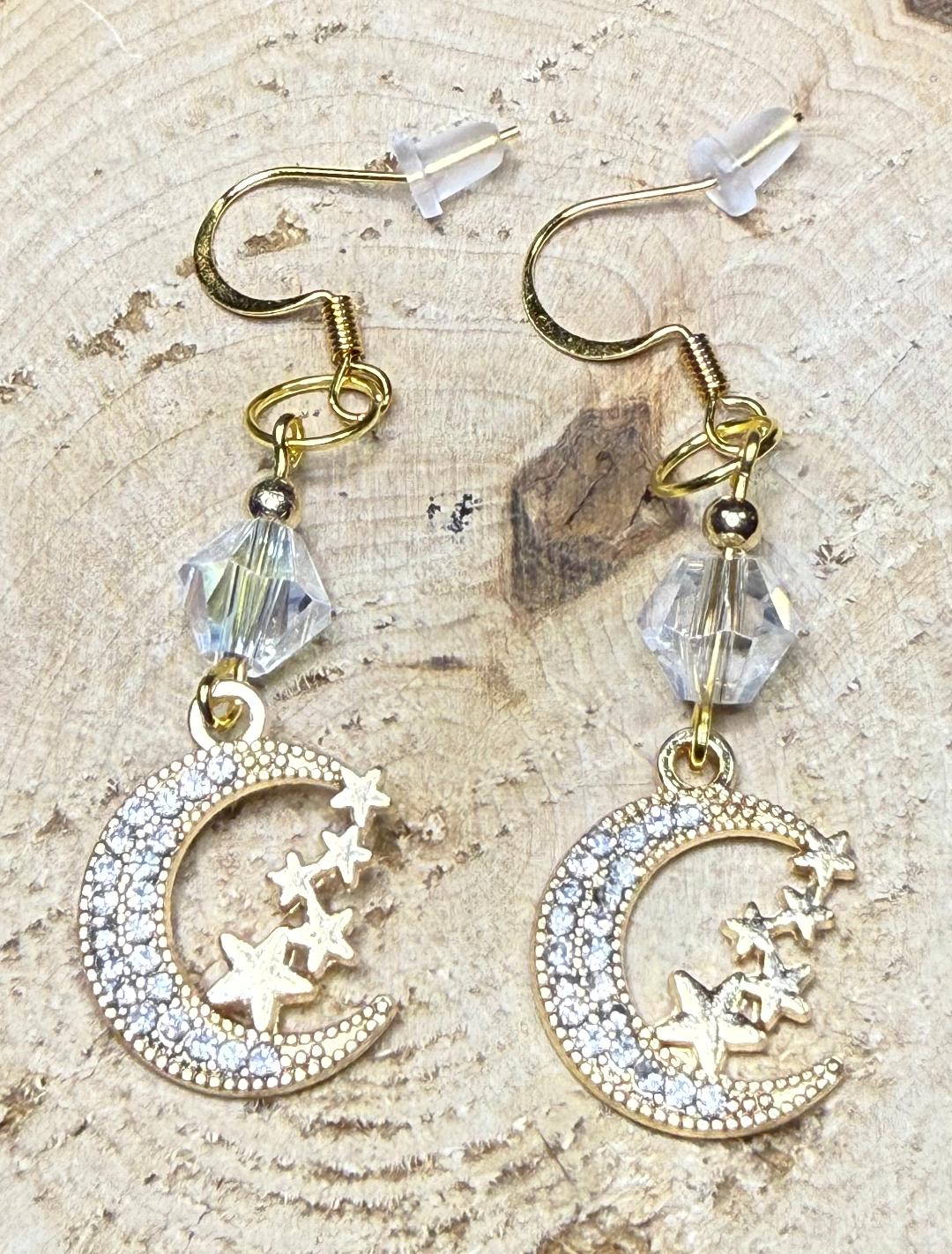 NEW Sparkling Rhinestone Gold Crescent Moon & Stars Earrings w/ Clear Glass Beads
