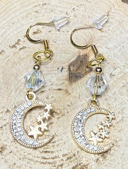 NEW Sparkling Rhinestone Gold Crescent Moon & Stars Earrings w/ Clear Glass Beads