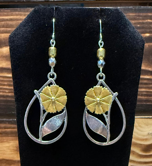NEW Silver & Gold Flower Drop Earrings w/ Beads
