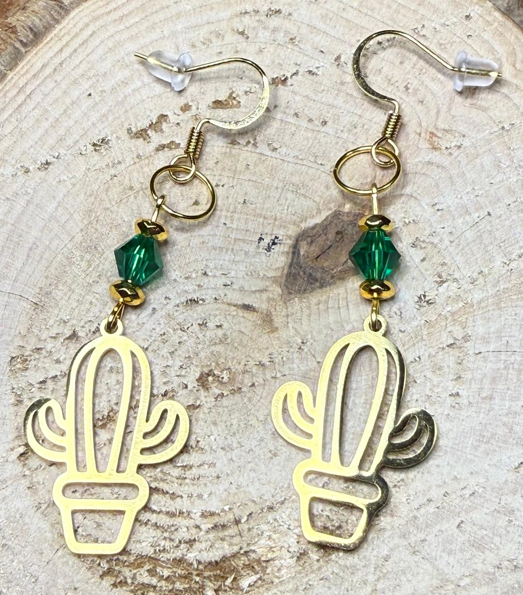 NEW Gold Stainless Steel Hollow Cactus w/ Green Glass Beads