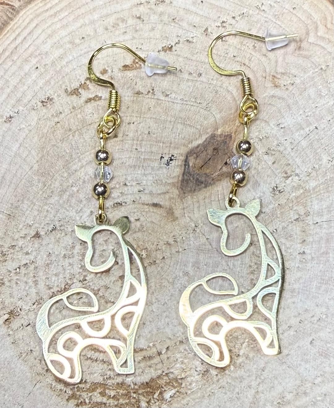 NEW Hollow Gold Stainless Steel Giraffe Earrings w/ Beads