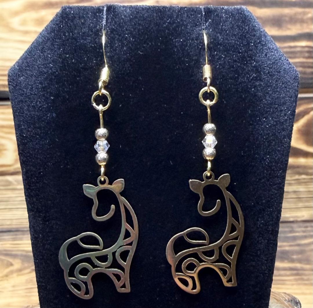 NEW Hollow Gold Stainless Steel Giraffe Earrings w/ Beads