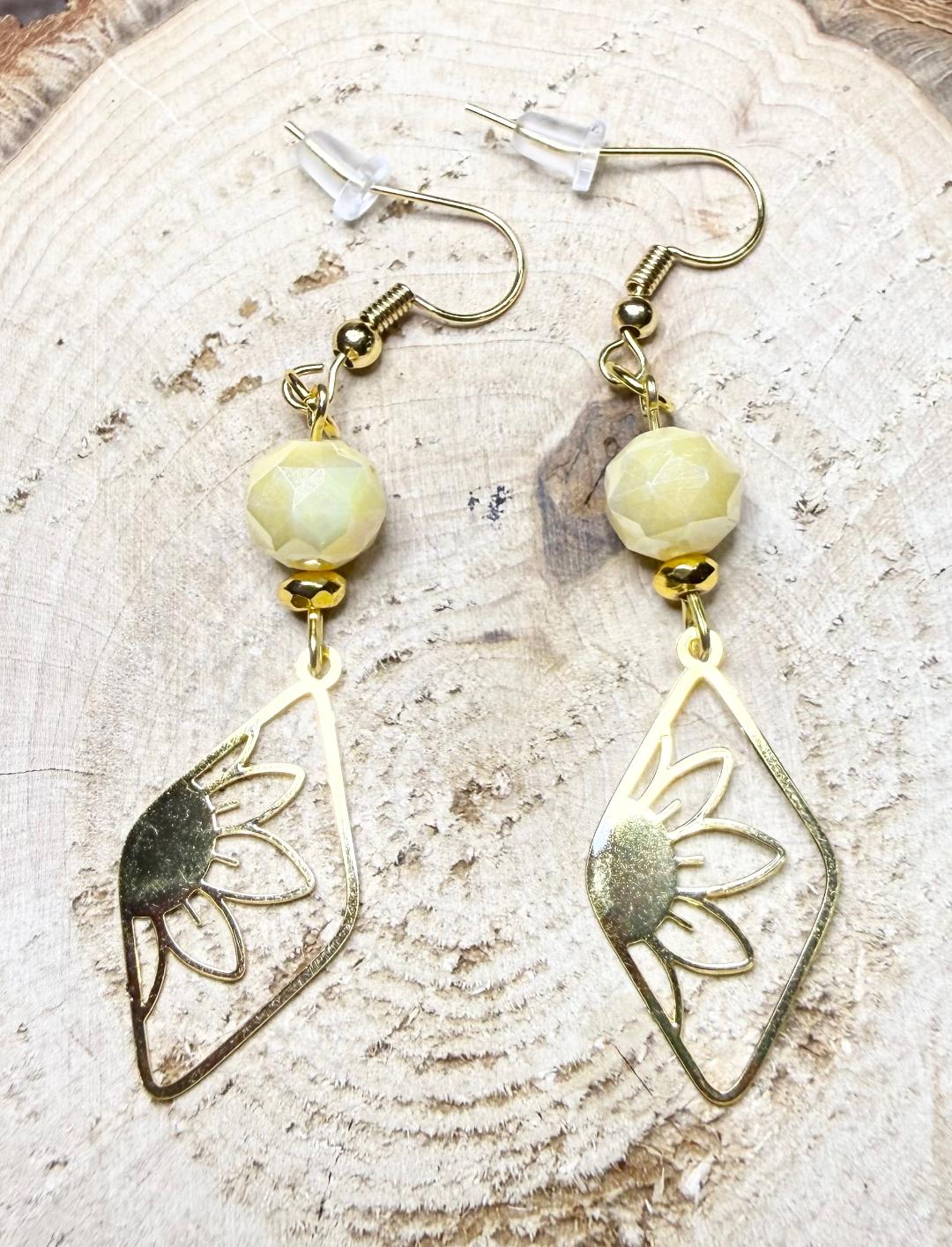 NEW Gold Stainless Steel Flower Charm Earrings w/ Opaque Yellow Glass Beads