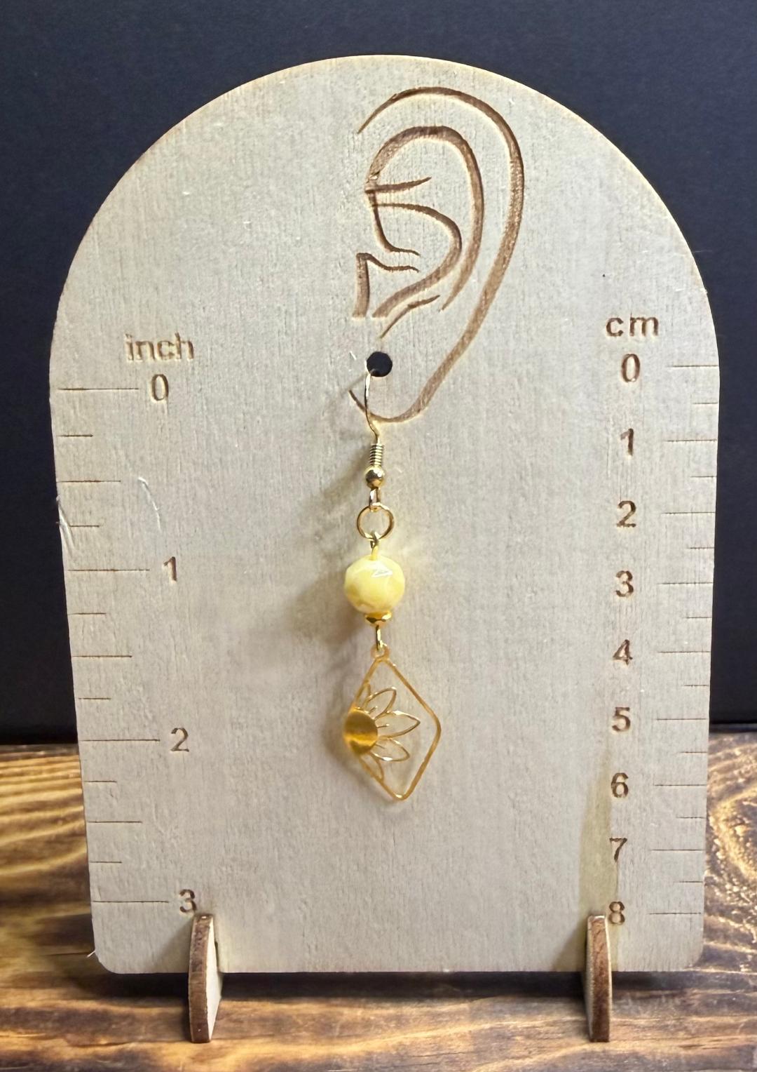 NEW Gold Stainless Steel Flower Charm Earrings w/ Opaque Yellow Glass Beads