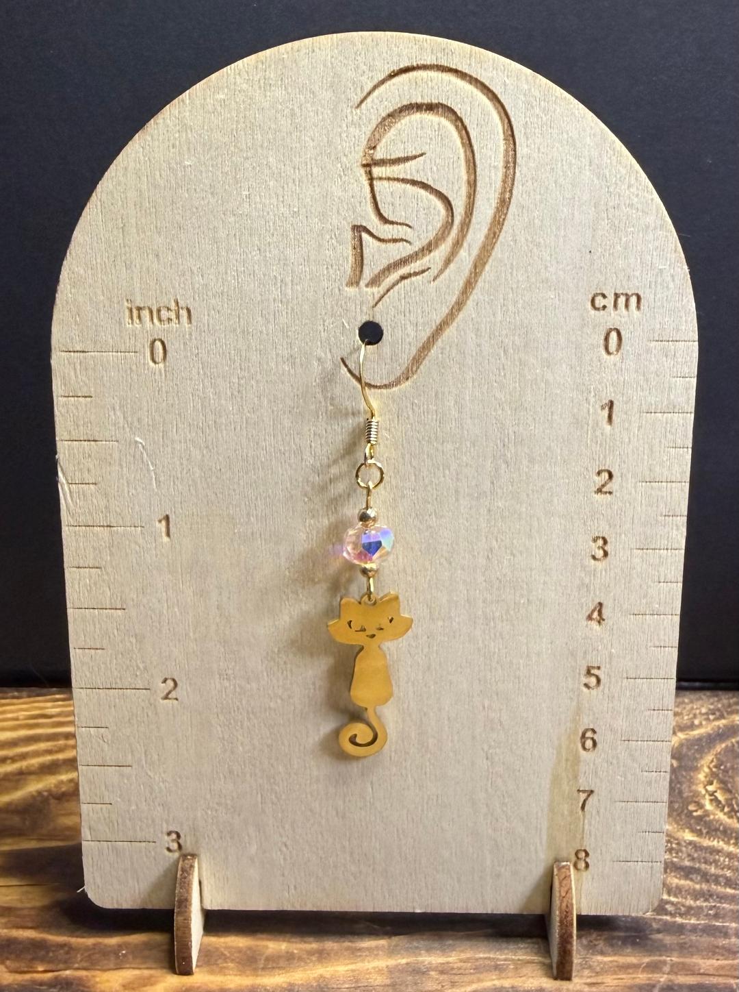 NEW Gold Stainless Steel Retro Cat Earrings w/ Pink Glass Beads